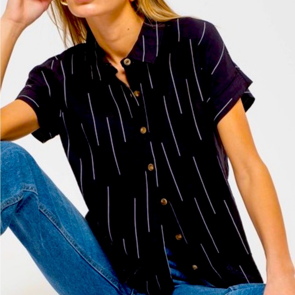 Black and White Boxy Button Down Shirt with Cuffed Sleeves